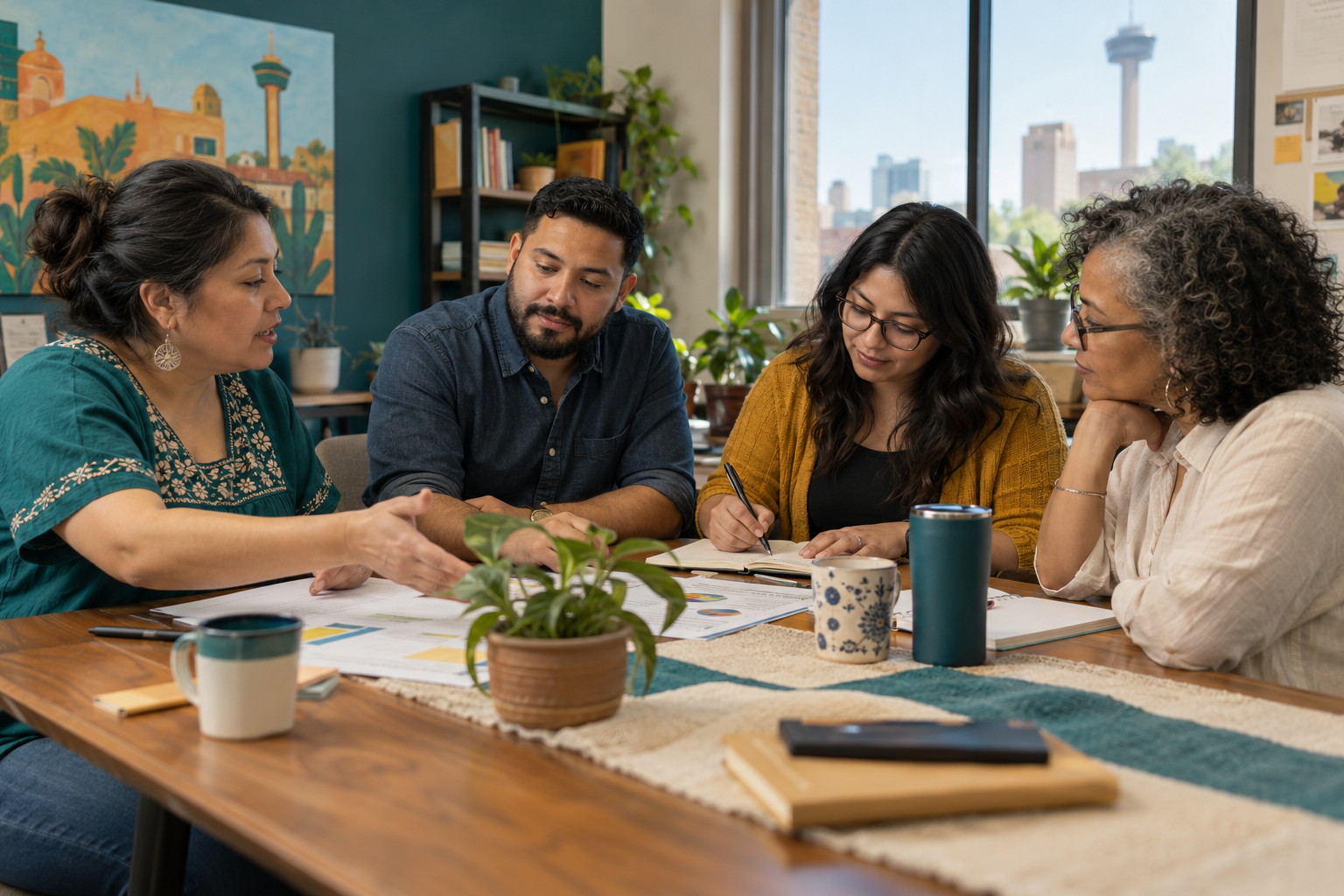 Four nonprofit leaders share ideas around a table while one person records their next steps.